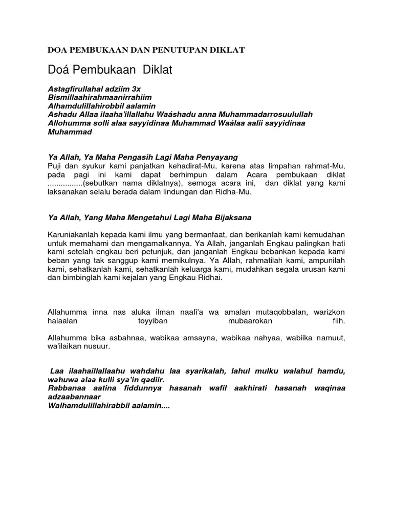 Doa Pembukaan Dan Penutupan Diklat