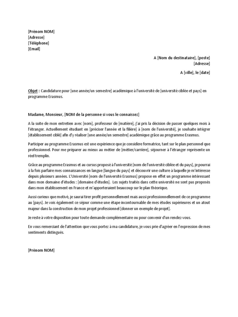 Lettre De Motivation Séjour Erasmus