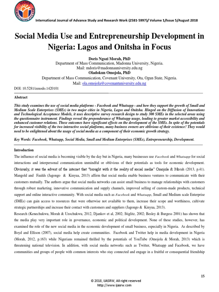 Social Media Use and Entrepreneurship Development in Nigeria Lagos and ...