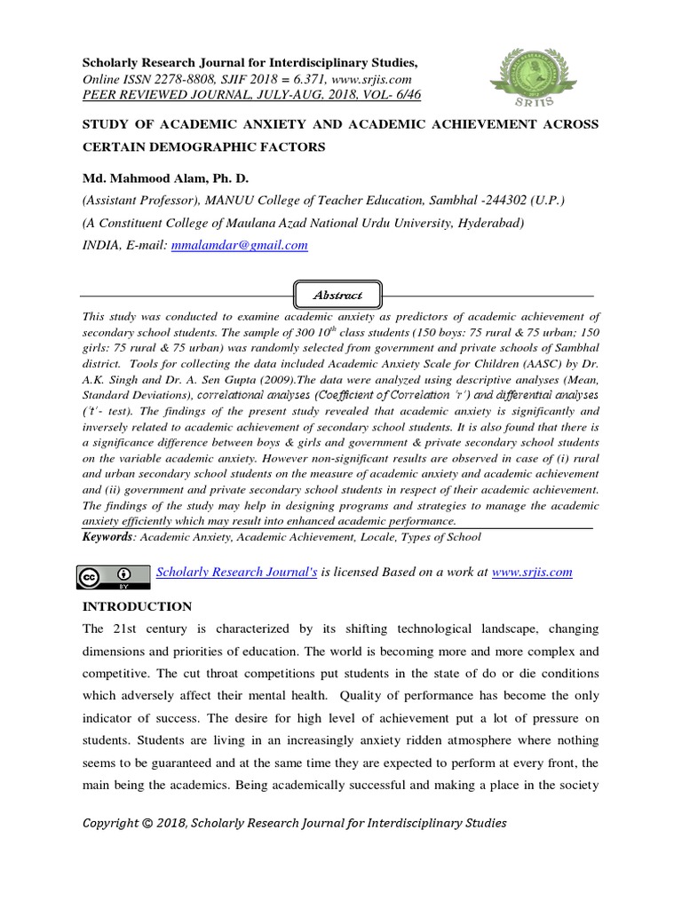 Study of Academic Anxiety and Academic Achievement Across Certain ...