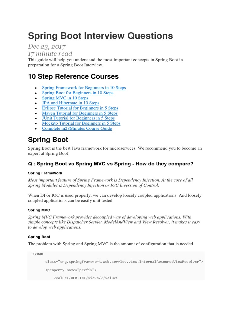 Spring Boot Interview Questions: 10 Step Reference Courses | PDF | Spring  Framework | Representational State Transfer