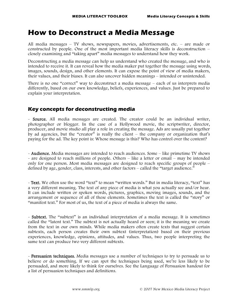 How to Deconstruct a Media Message Mass Media Persuasion