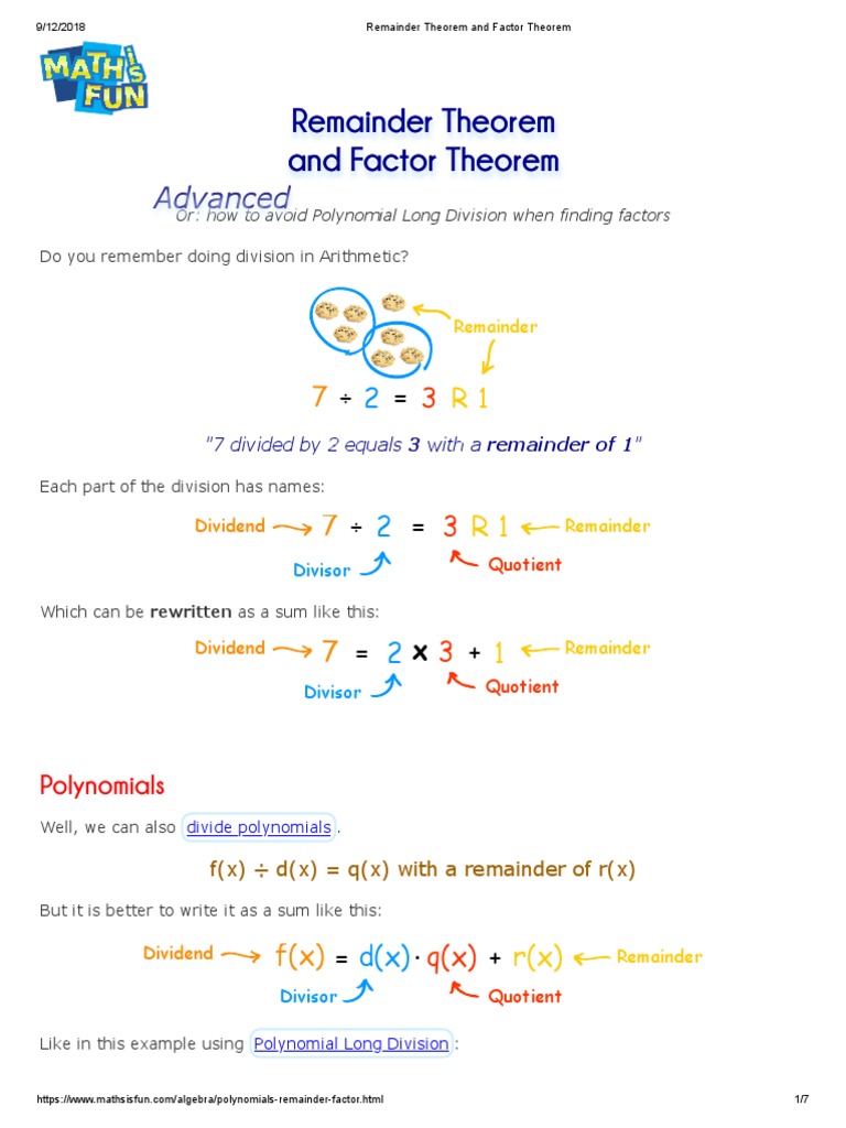Remainder Theorem And Factor Theorem Division Mathematics Polynomial