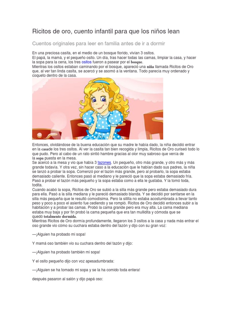 Ricitos de oro, cuento infantil para que los niños lean Cuentos originales para leer en familia