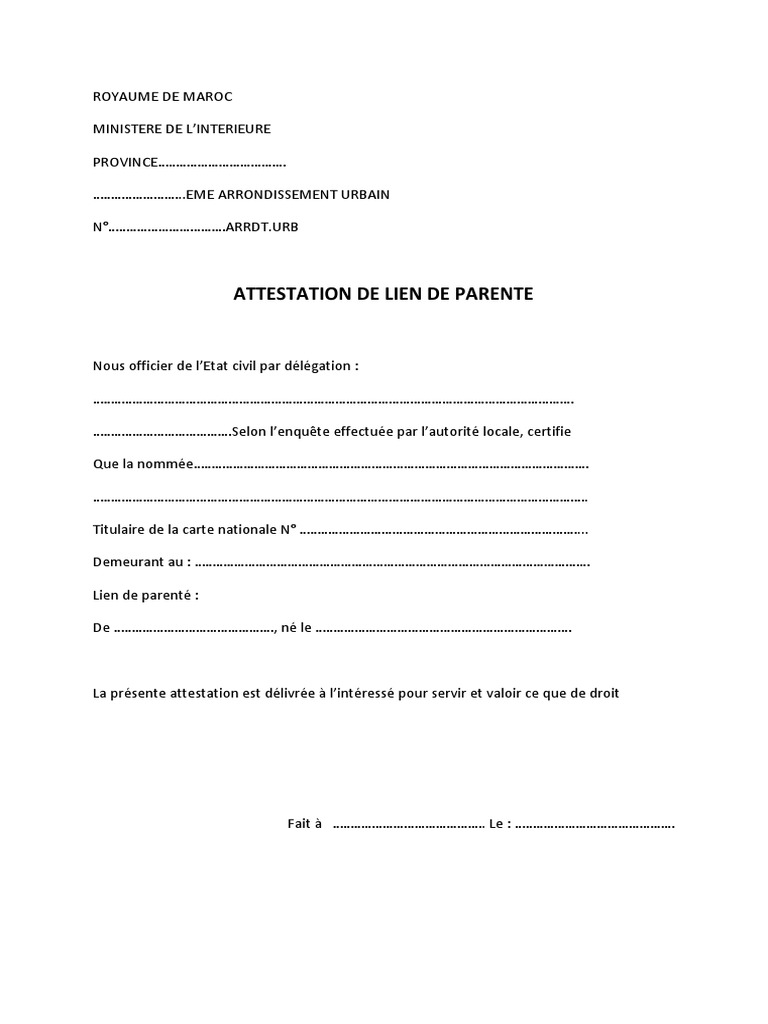 Attestation De Lien De Parente Pdf