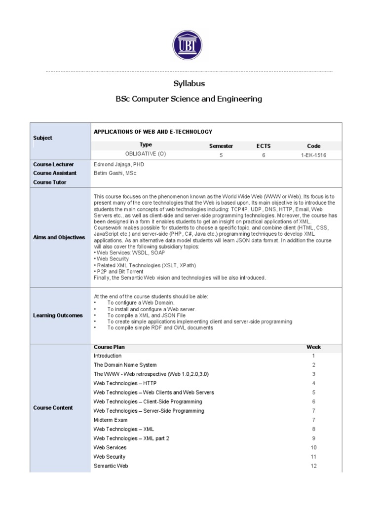 Web & E-Technology Course Syllabus | PDF | Web Service | World Wide Web