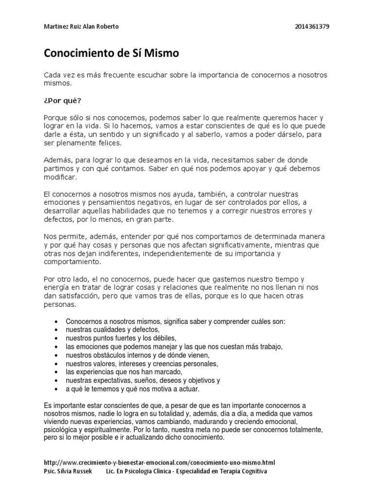 Conocimiento de Sí Mismo | PDF | Sicología | Conocimiento