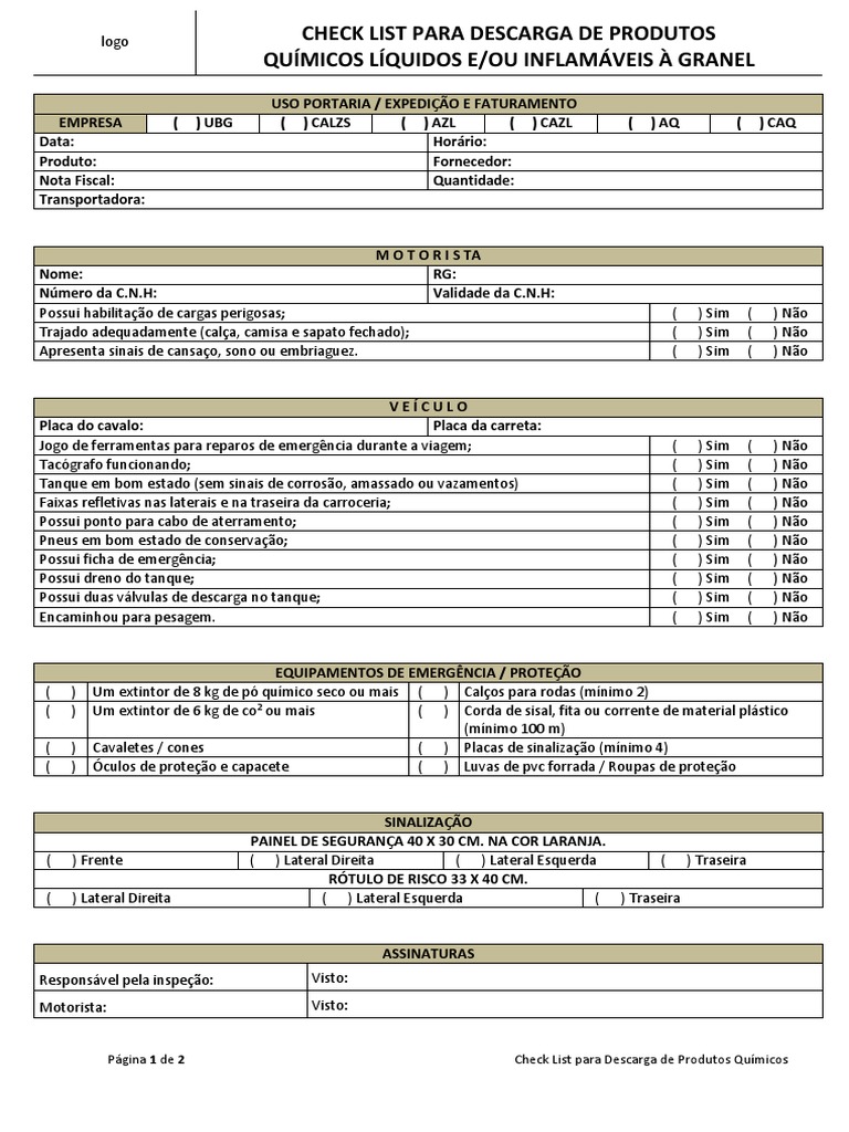 Check List Descarga de produtos químicos1 (1).docx | Natureza ...