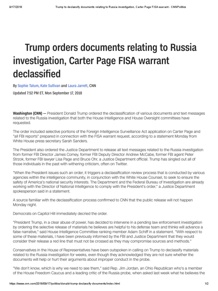 Trump Declassifies Russia Probe Docs | PDF | Federal Bureau Of ...
