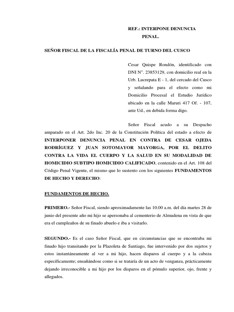 Denuncia Penal Homicidio Calificado Compa | Homicidio ...
