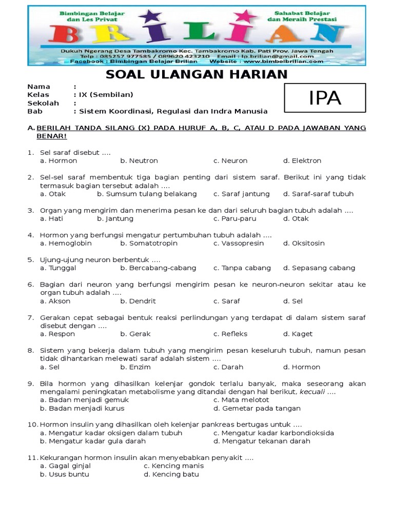 Soal Ipa Kelas 9 Smp Bab 3 Sistem Koordinasi Regulasi Dan Indra Manusia Dan Kunci Jawaban