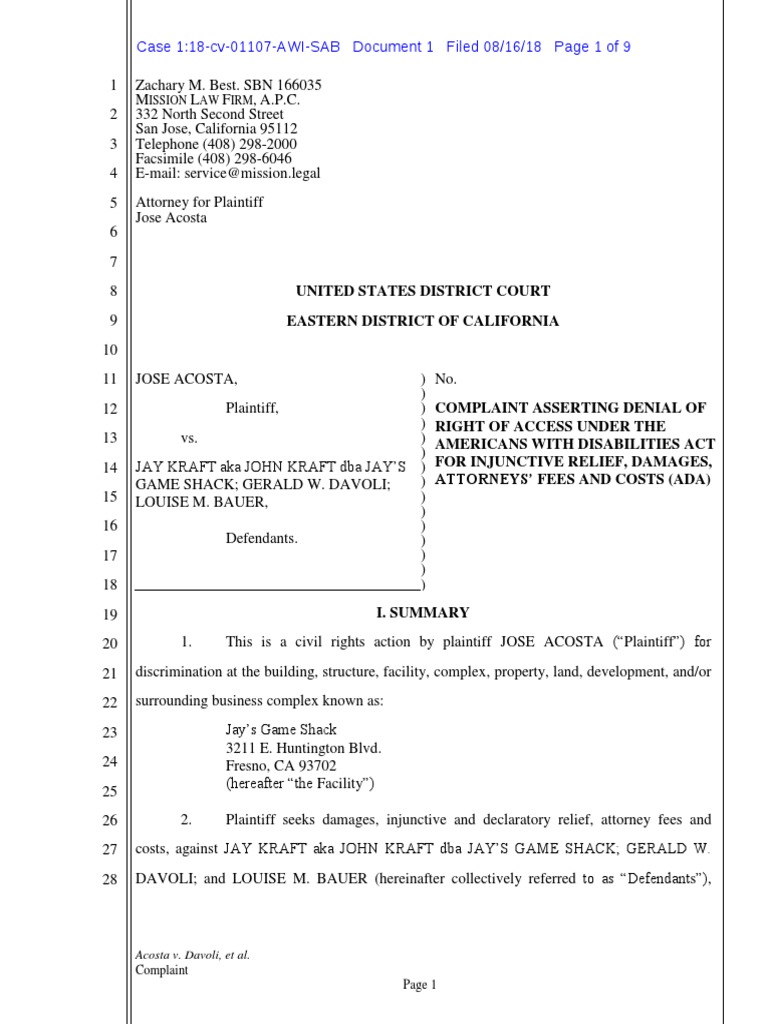 ADA Complaint filed by Jose Acosta Americans With Disabilities Act Of