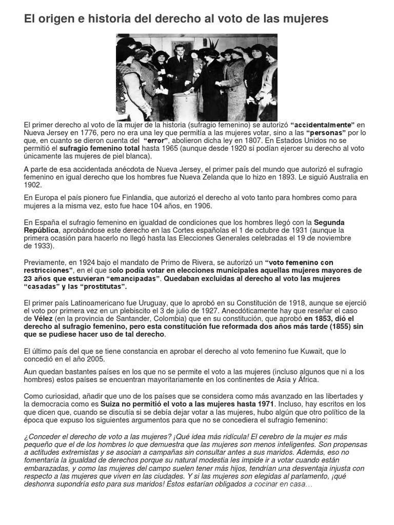 El Origen e Historia Del Derecho Al Voto de Las Mujeres | PDF ...