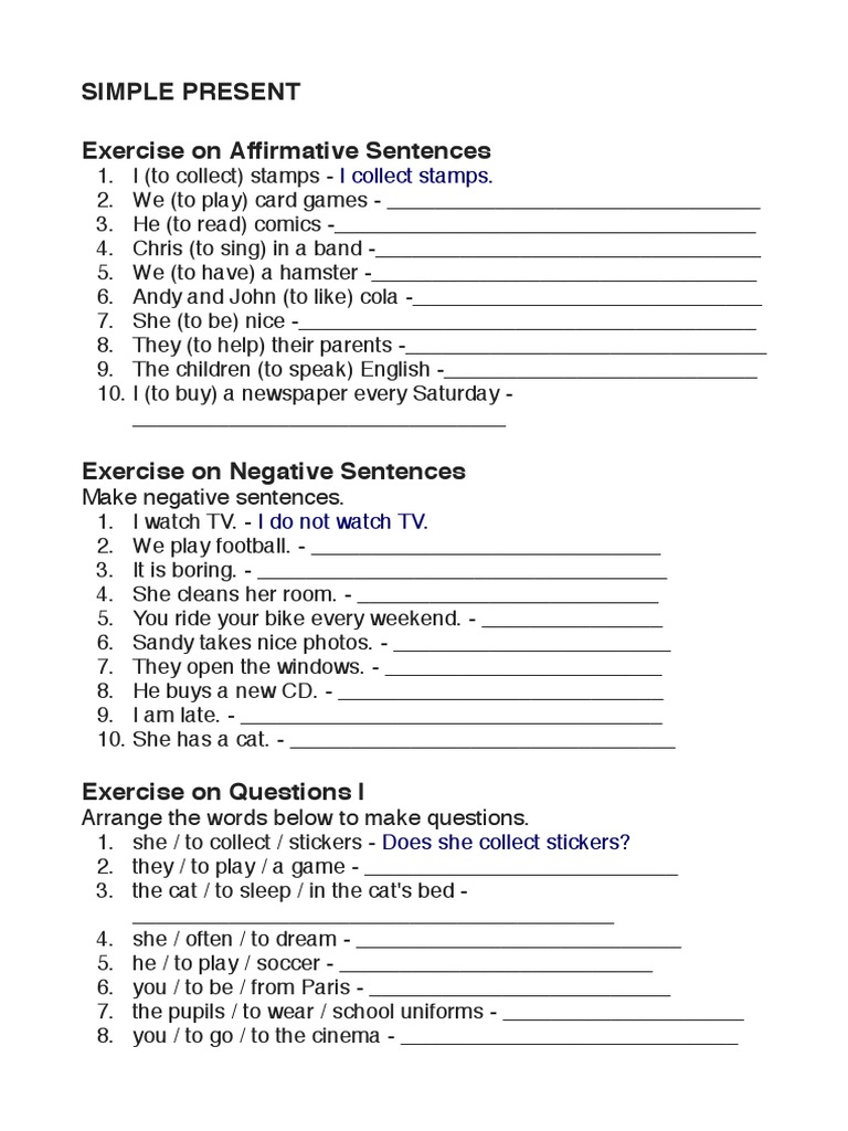 Simple Present Exercise On Affirmative Sentences: I Collect Stamps | PDF