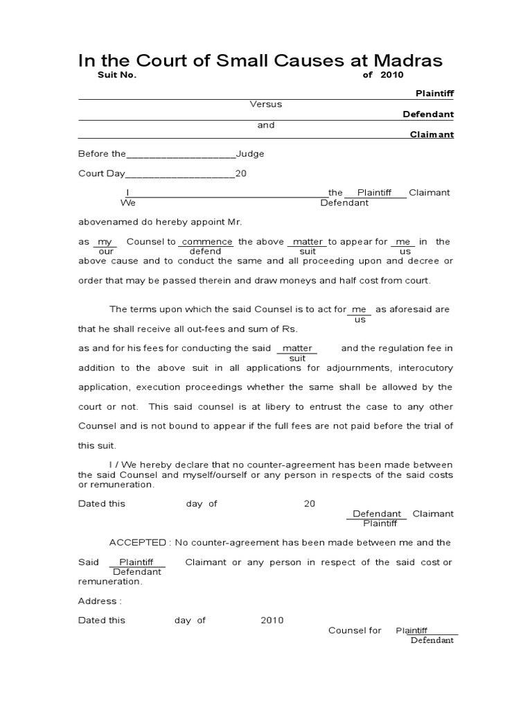 Madras Court Vakalatnama Format | PDF | Plaintiff | Lawsuit