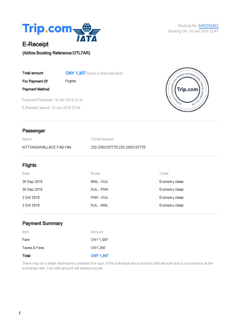 Flight Booking E-Receipt for Kittong | PDF