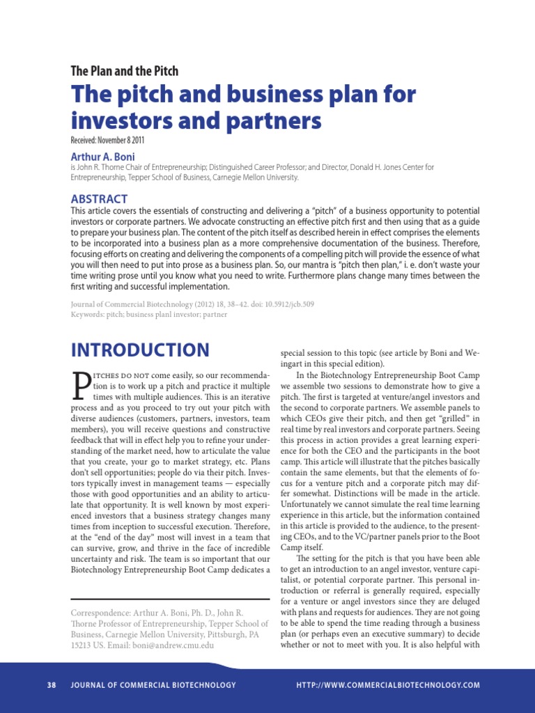The Pitch and Business Plan For Investors and Partners PDF | PDF ...