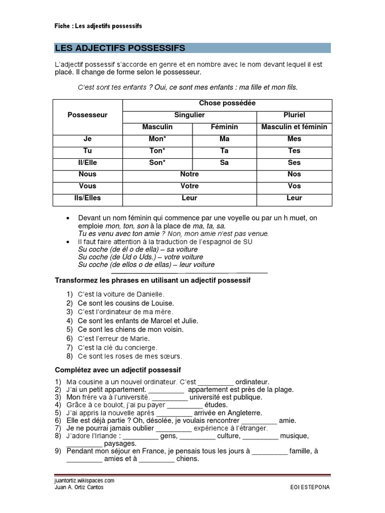 Mon Bel Oranger Fiche De Lecture 5eme Fiche Adjectifs Possessifs PDF | PDF | Genre grammatical | Style (fiction)