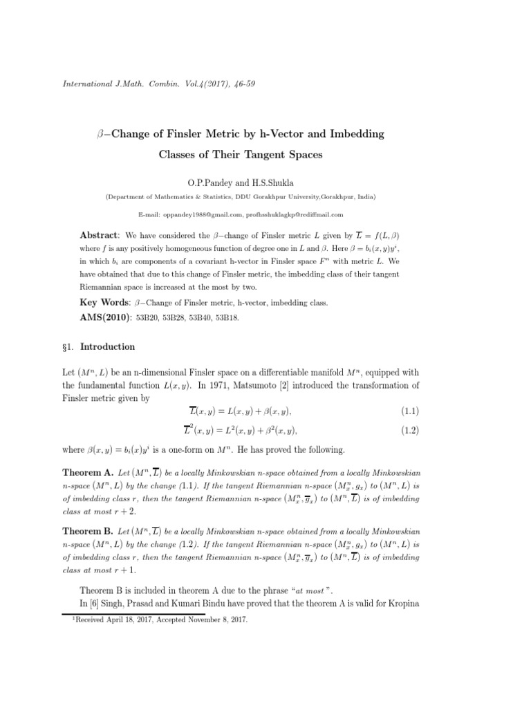 B Change Of Finsler Metric By H Vector And Imbedding Classes Of Their Tangent Spaces Euclidean Vector Tensor