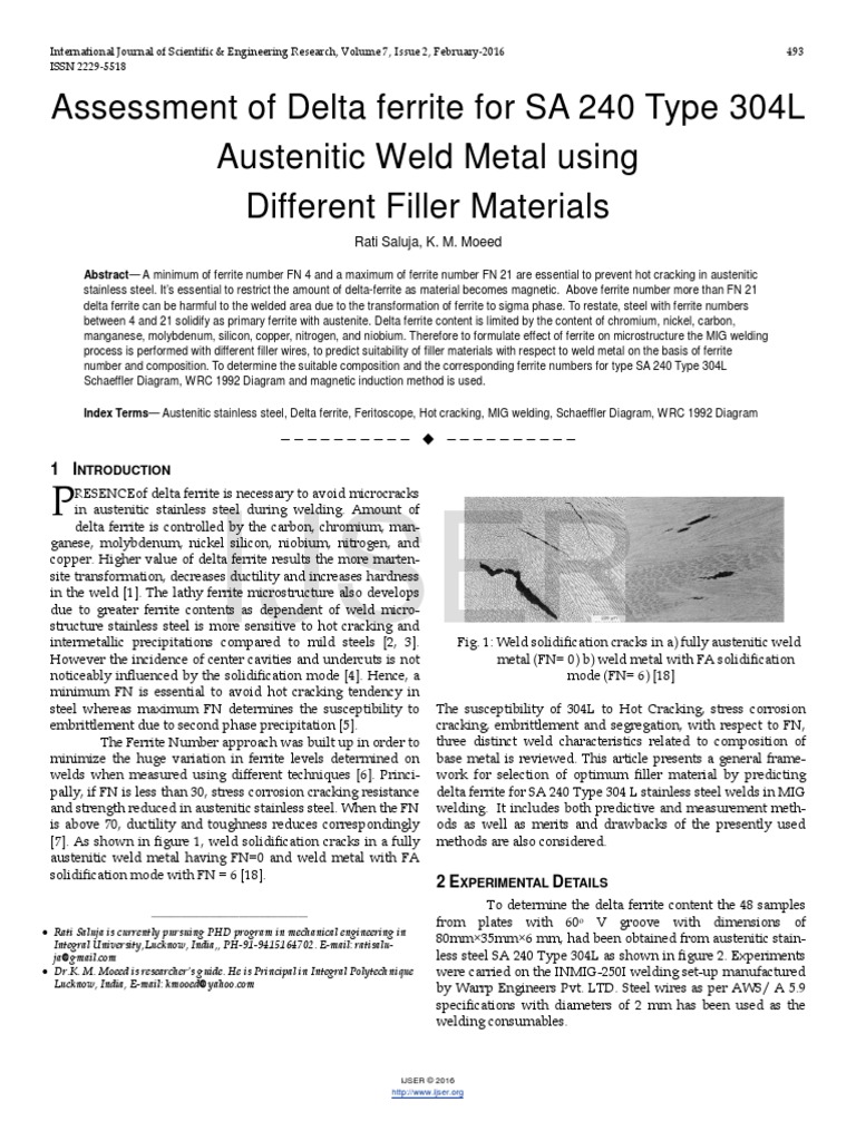 Assessment of Delta Ferrite For SA 240 Type 304L Austenitic Weld Metal