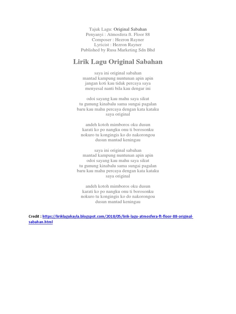 Lirik Lagu Original Sabahan Pdf