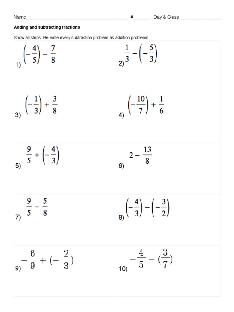 Adding And Subtracting Negative Fractions And Mixed Numbers Worksheet
