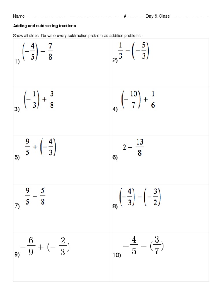 Adding And Subtracting Positive And Negative Fractions Worksheet