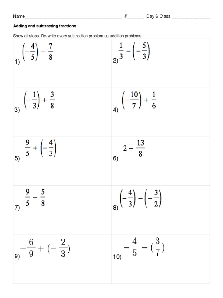 Add Subtract Positive Negative Fractions Worksheet | PDF | Mathematical  Notation | Discrete Mathematics