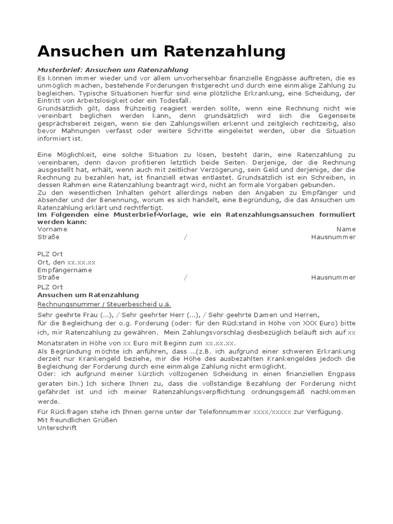 Musterbrief Ansuchen Um Ratenzahlung