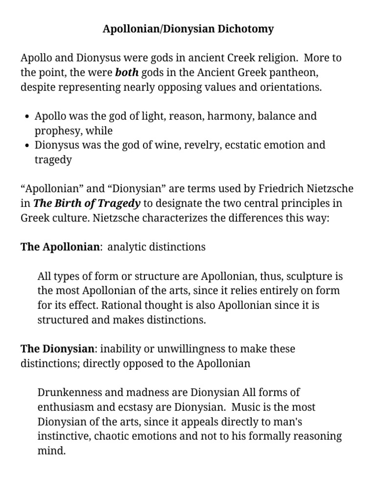 “Apollonian” and “Dionysian” are terms used by Friedrich Nietzsche in