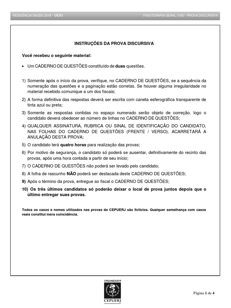 Prova Discursiva Fisioterapia UERJ 2018 | PDF | Fisioterapia | Dor