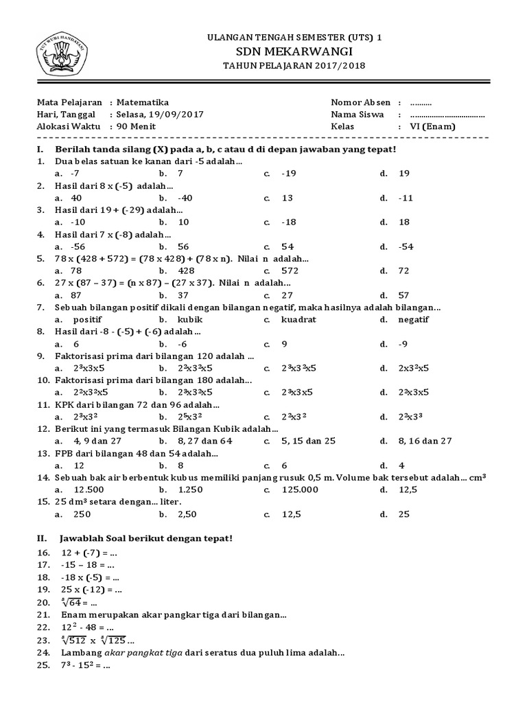 Uts Matematika Kls 6 Sd Semester 1