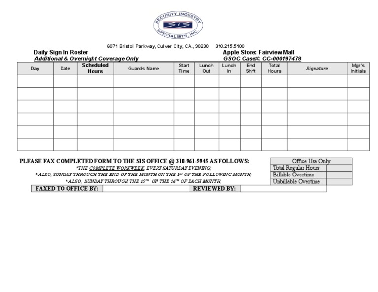Daily Sign In Roster for Security Guards | PDF
