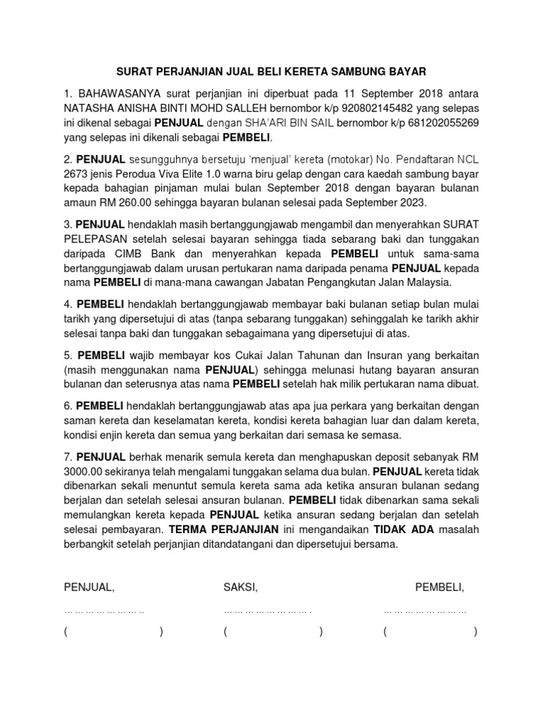 Surat Perjanjian Jual Beli Kereta Kaedah Sambung Bayar