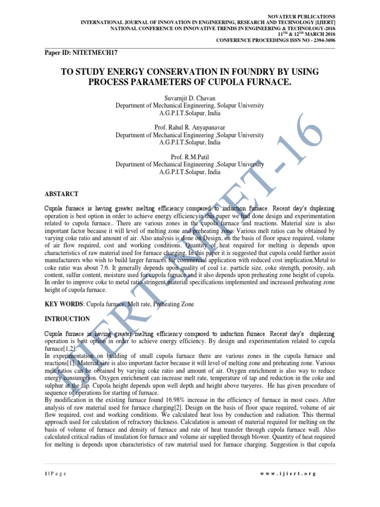To Study Energy Conservation in Foundry by Using Process Parameters of