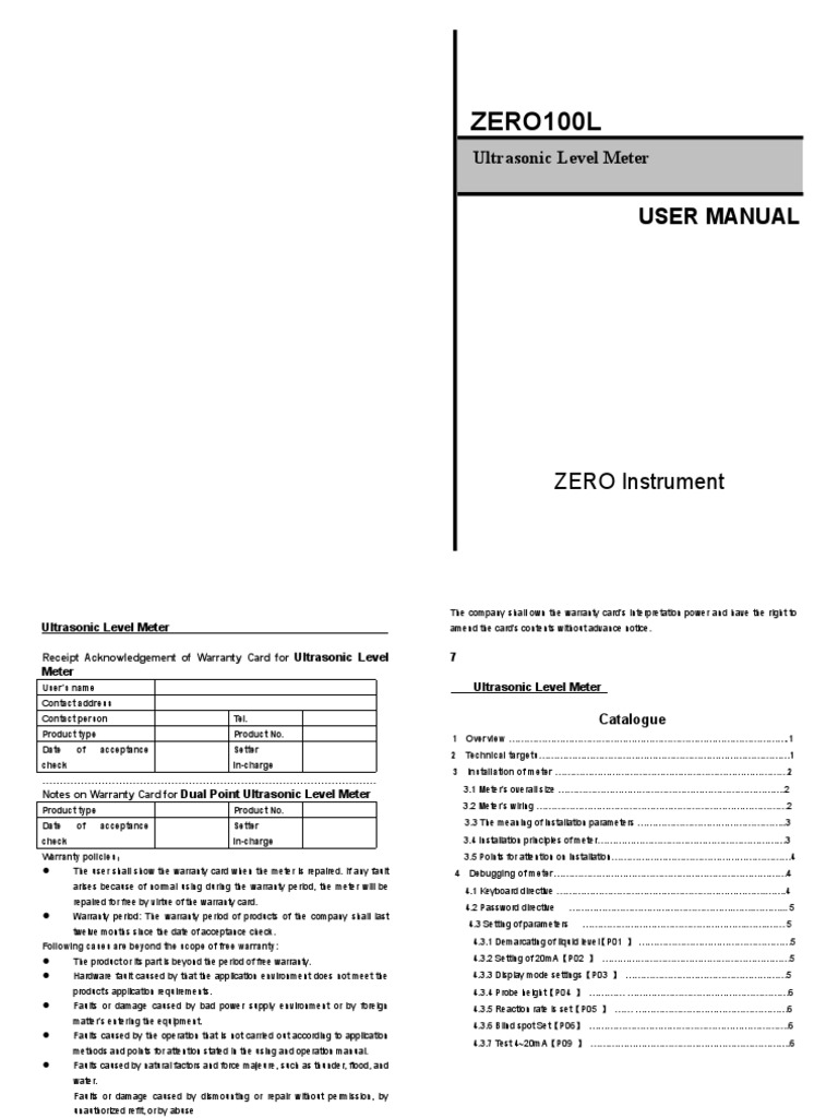 ZERO100L Ultrasonic Level Meter Manual. Two Lines Dalian Zero ...
