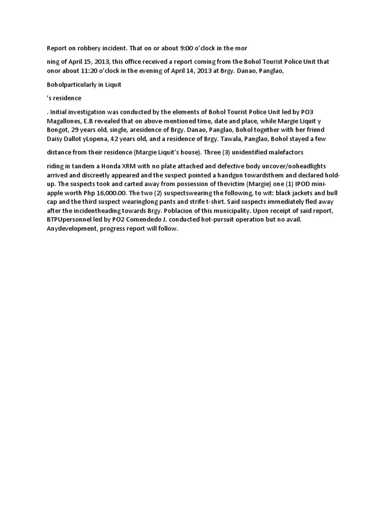 Robbery Incident Report - Panglao, Bohol | PDF