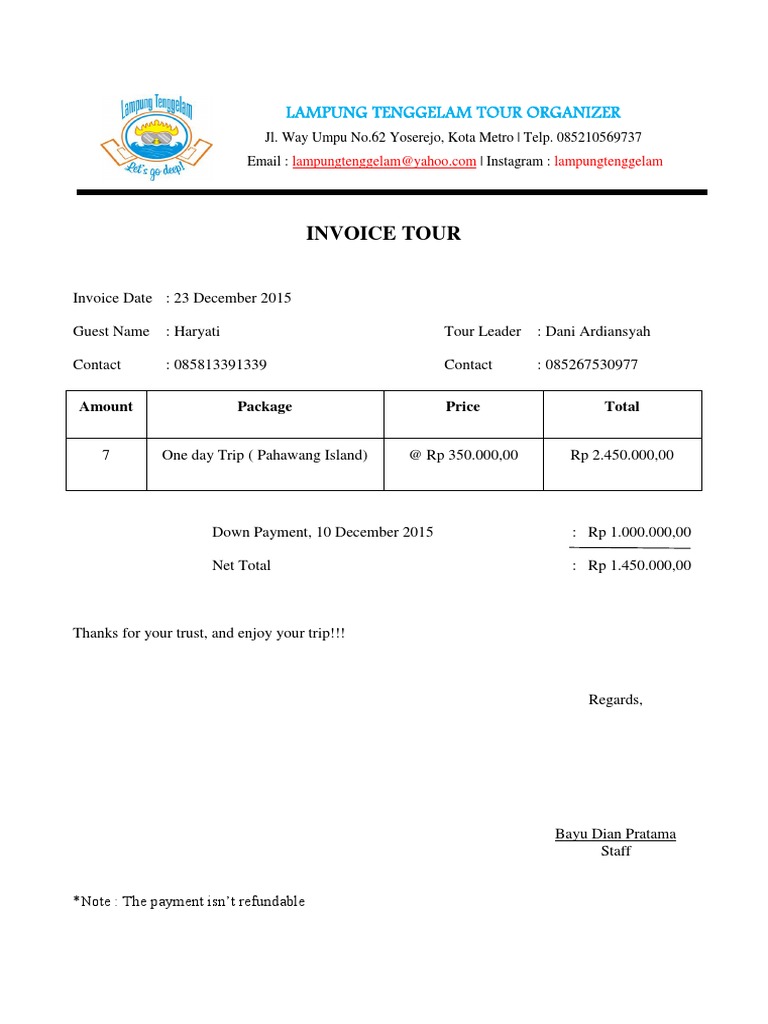 Contoh Invoice Jasa Trip And Tour Business Business
