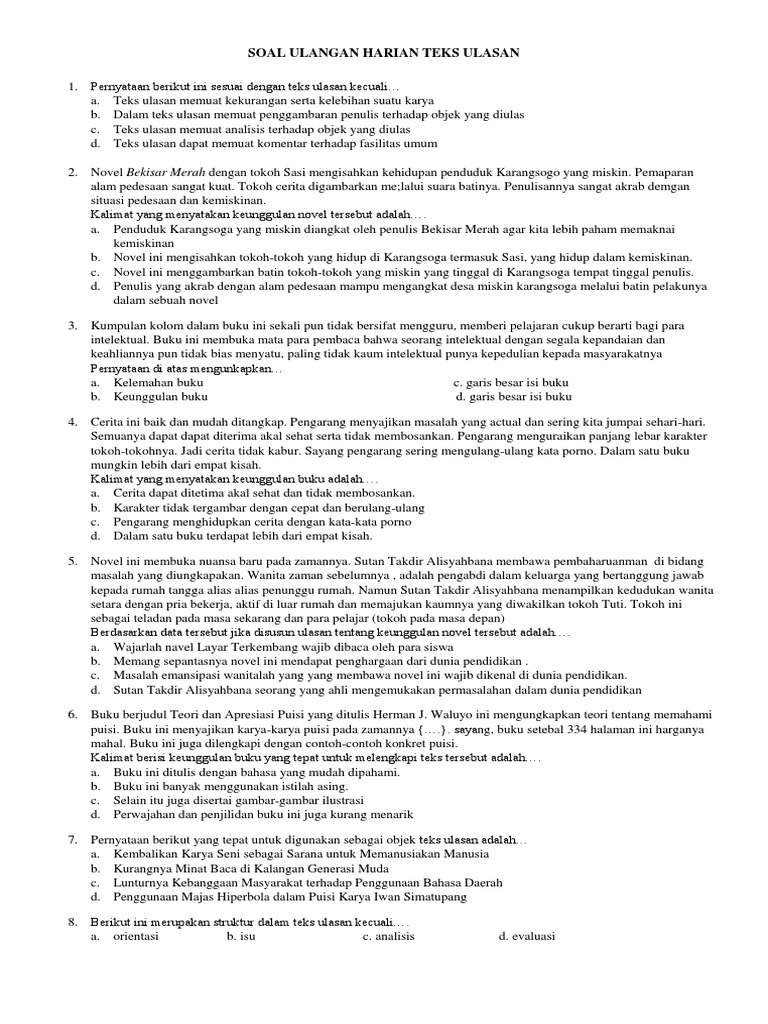 Soal Ulangan Harian Teks Ulasan