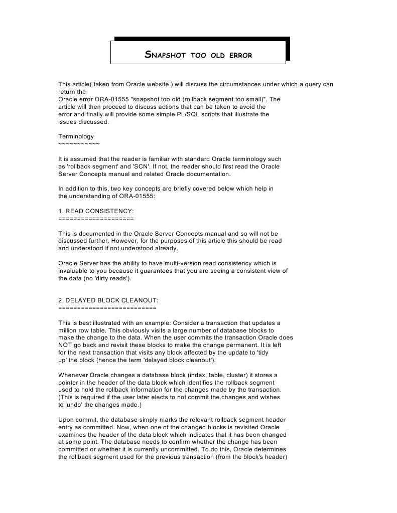 Snapshot Too Old PDF Database Index Database Transaction
