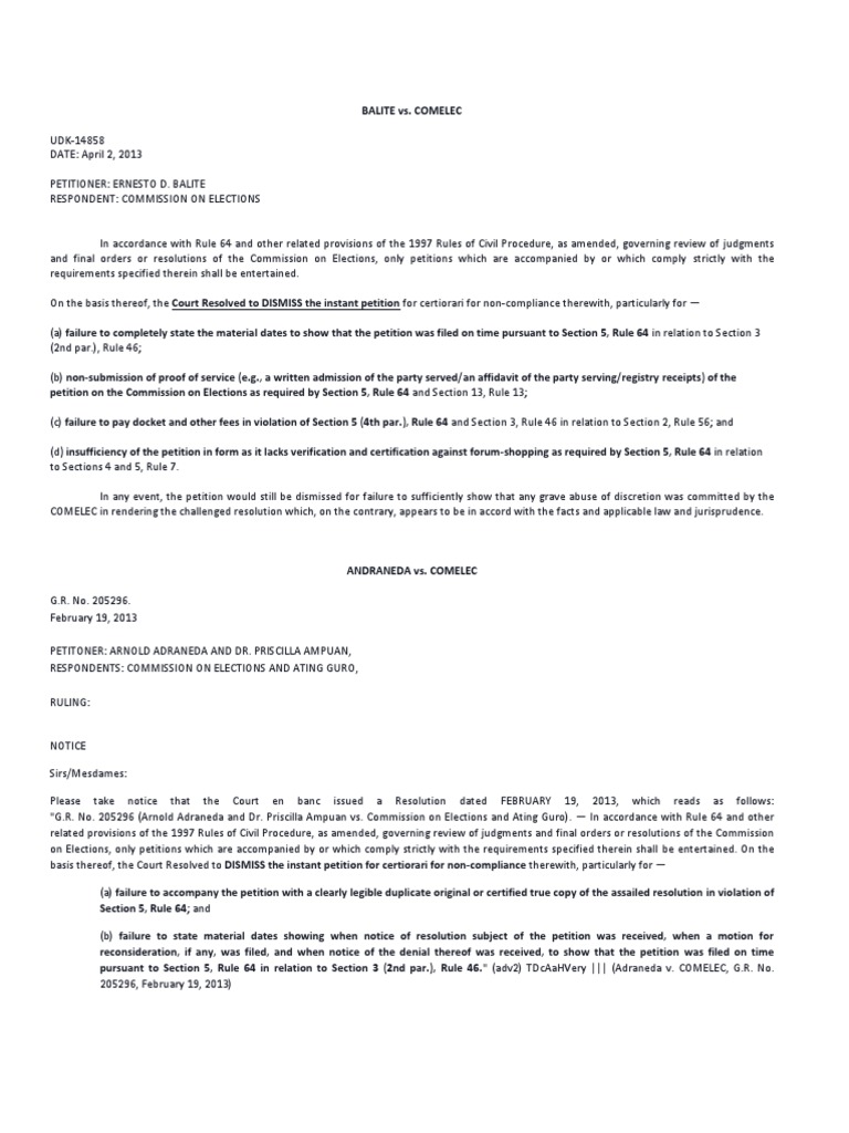 Dismissal of Petition under Rule 64 | PDF | Certiorari | Judgment (Law)