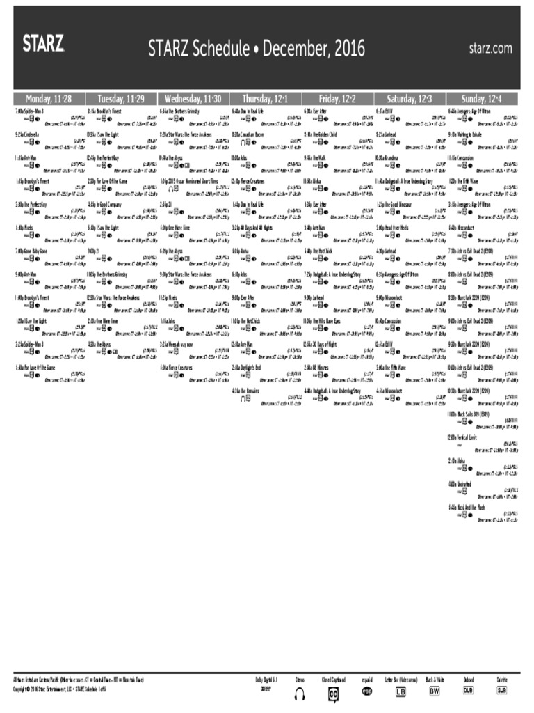 STARZ Schedule 2016 12 | Leisure