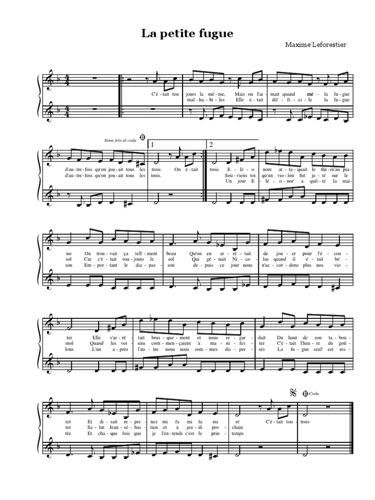 La Petite Fugue Maxime Le Forestier 2 Voix Pdf Compositions Musicales Notation Musicale