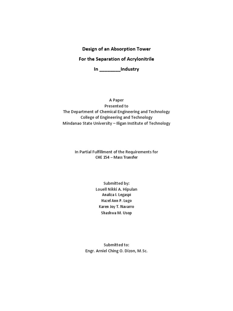 Absorption Tower Design for Acrylonitrile | PDF | Flow Measurement | Gases