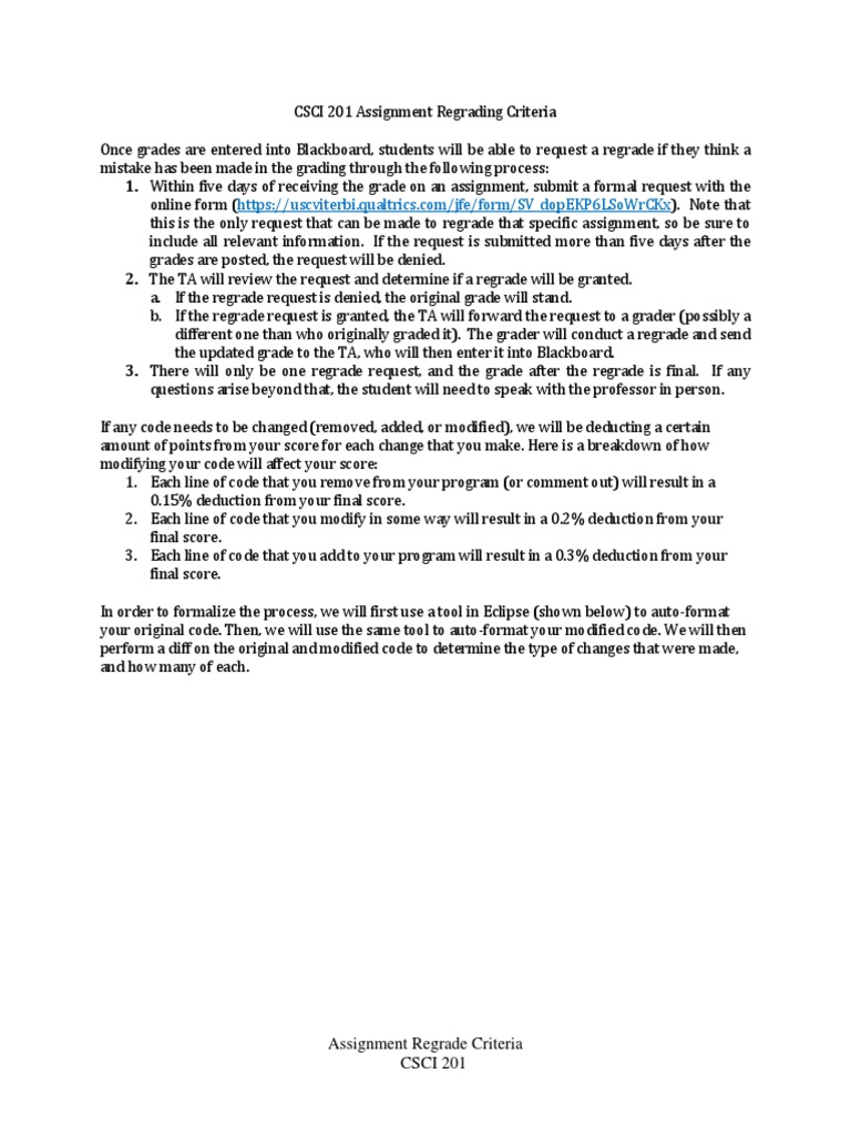 CSCI 201 Assignment Regrade Guidelines | PDF | Computers