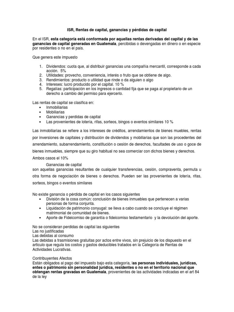 Impuestos Sobre Las Rentas De Capital Ganancias Y Pérdidas De Capital
