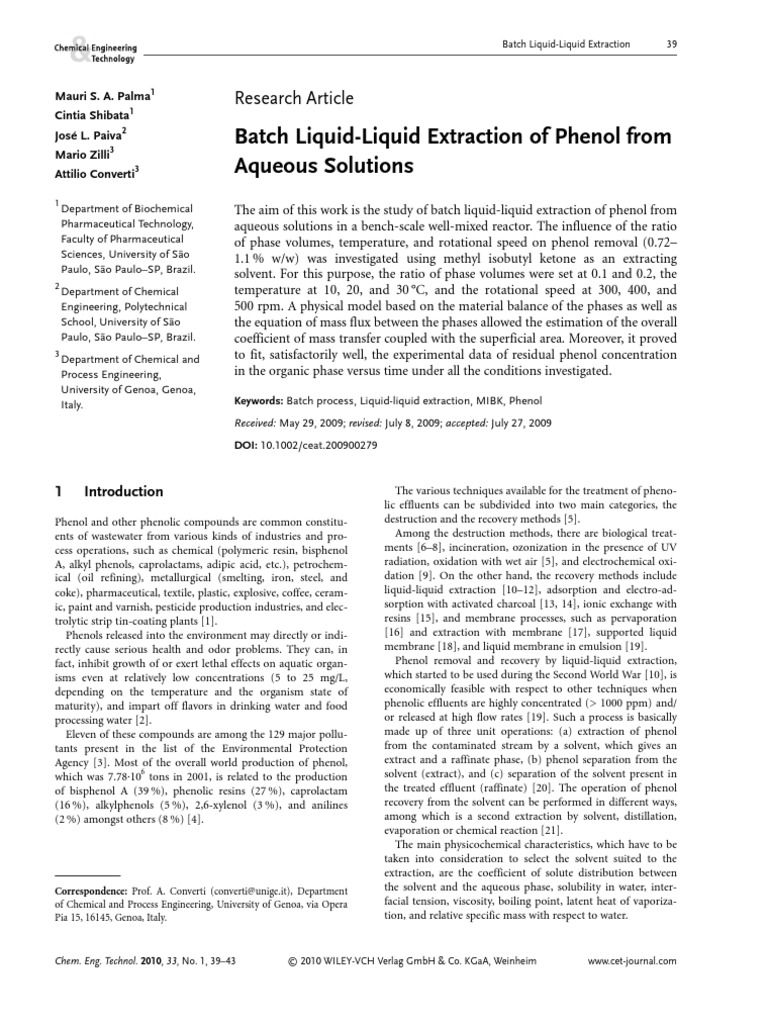 Batch Liquid-Liquid Extraction of Phenol From Aqueous Solutions | PDF ...