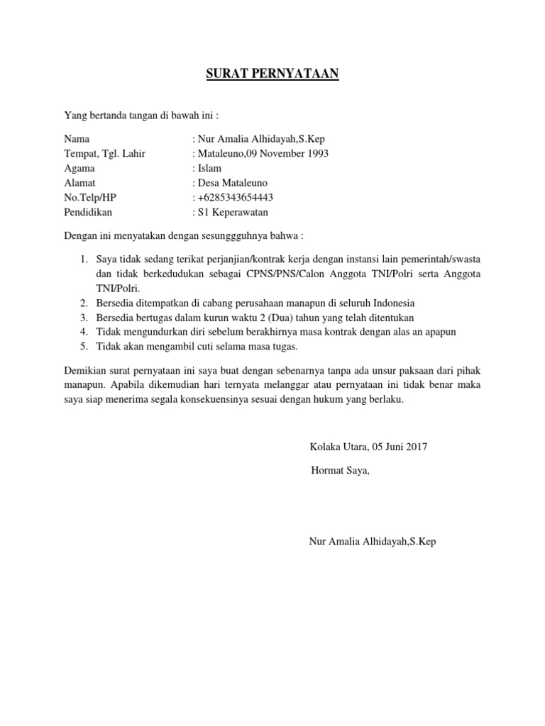 Contoh Surat Pernyataan Tidak Terikat Kontrak Kerja Dengan Instansi