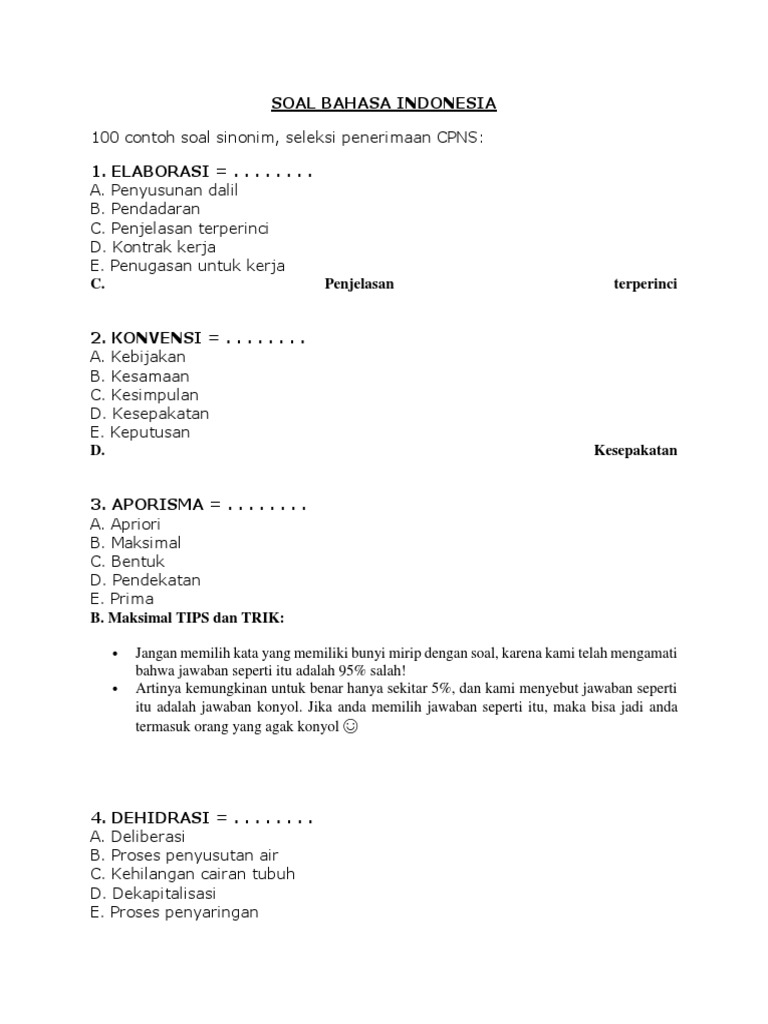 Soal Bahasa Indonesia Sinonim