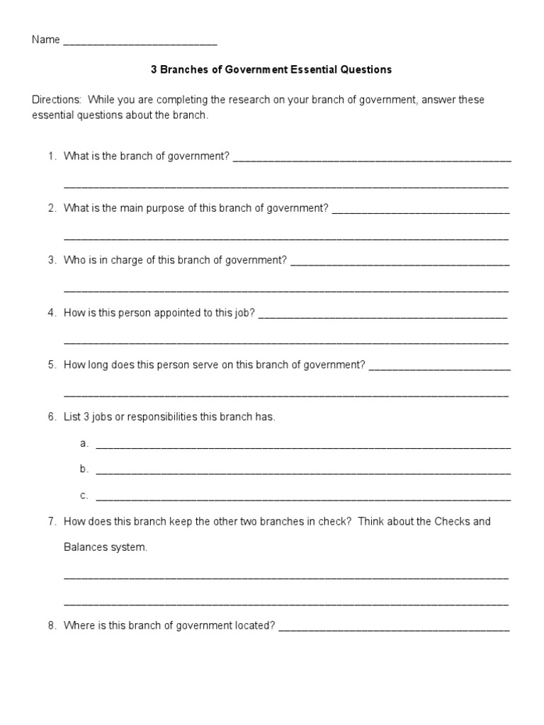 Essential Questions on Government Branches | PDF